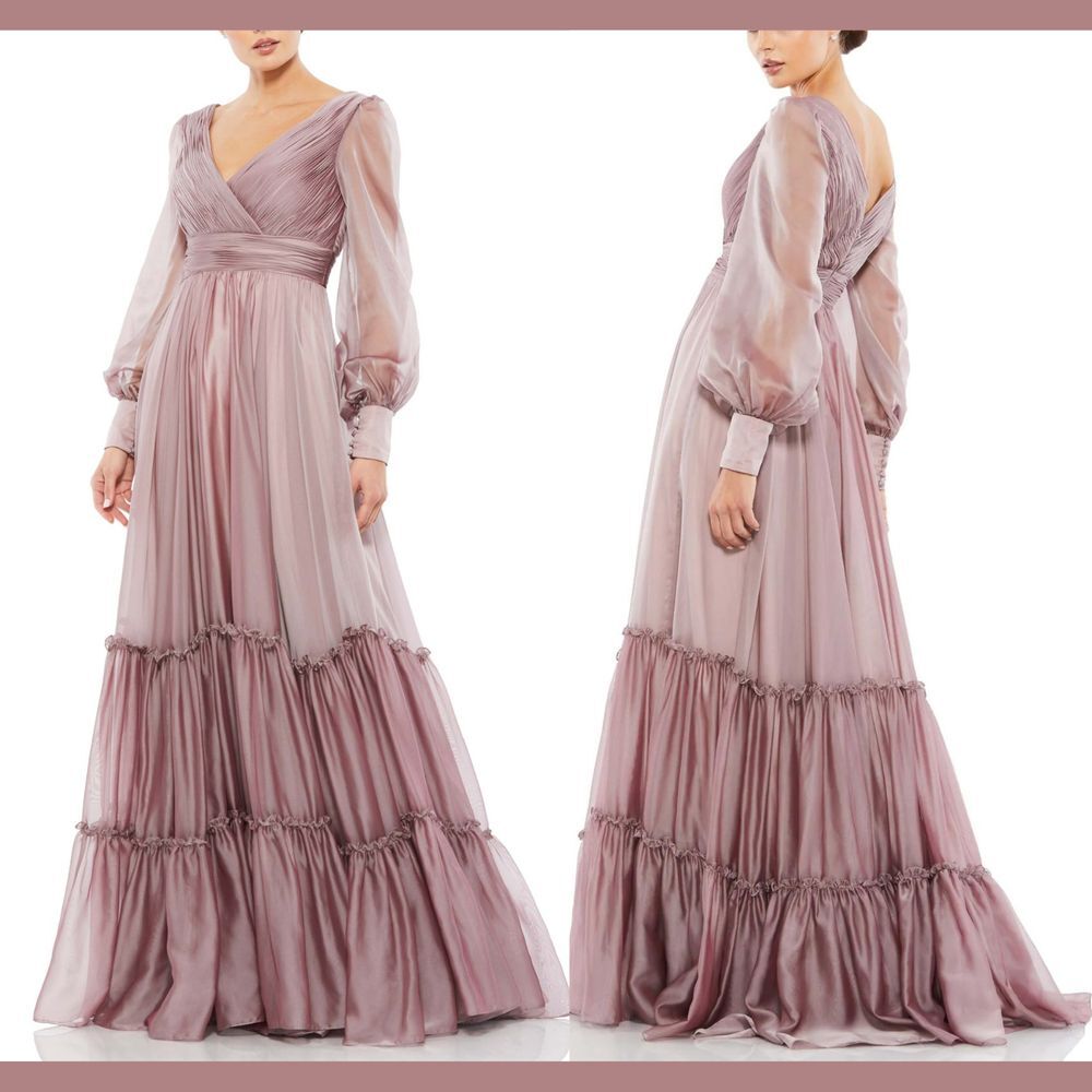 NWD $598 Mac Duggal [ 12 ] Faux Wrap long Sleeve Tiered Gown in Mocha Pink #S976